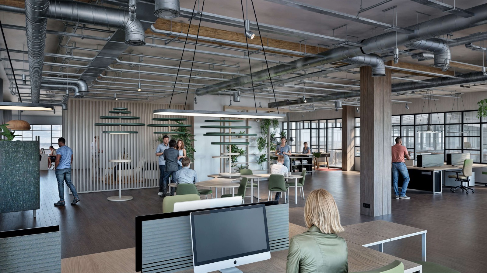 Rendering eines ausgestatteten Büros auf dem neuen Campus von Europarc Dreilinden, zu sehen sind Menschen bei der Arbeit oder im Meeting.