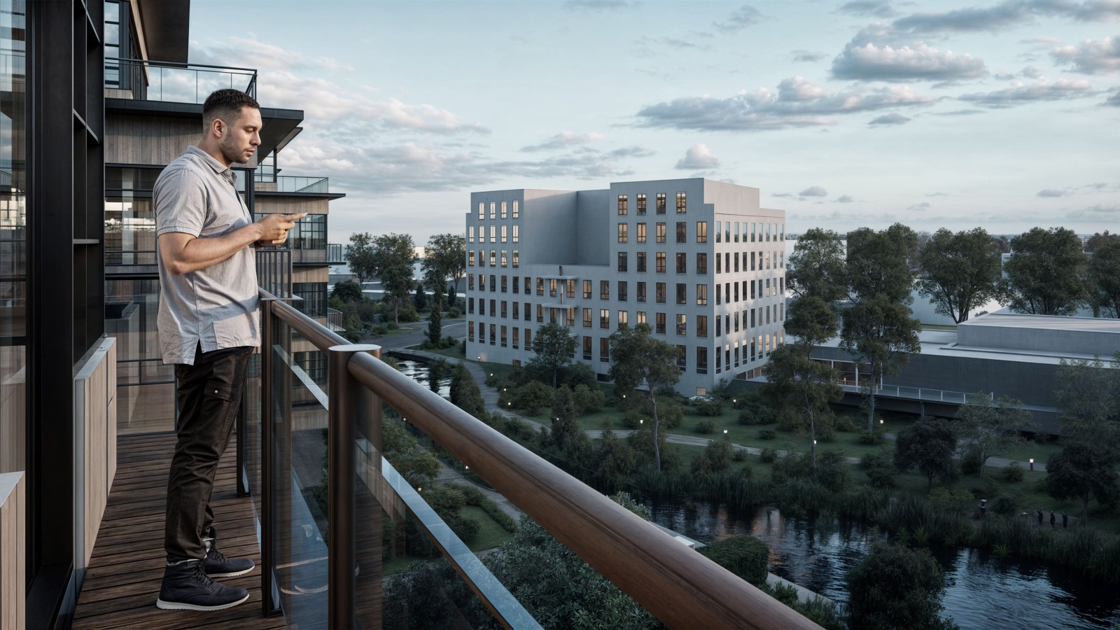 Rendering eines Mannes, der auf dem Balkon über dem neuen Campus vom Europarc Dreilinden blickt.