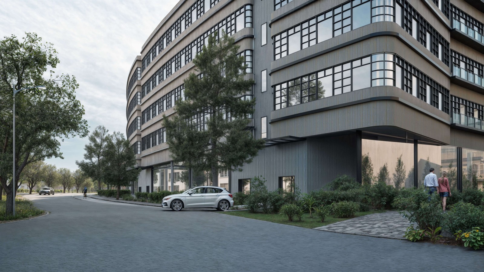 Rendering des Gebäudes auf dem neuen Campus von Europarc Dreilinden, gelegen am Rande eines Waldstücks.