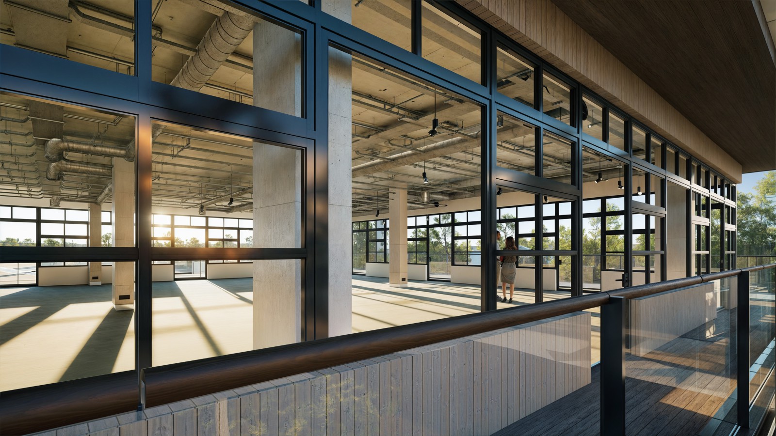 Render eines leeren Geschosses der neuen Gebäude im Europarc Dreilinden, aus der Perspektive des umgebenden Balkons.