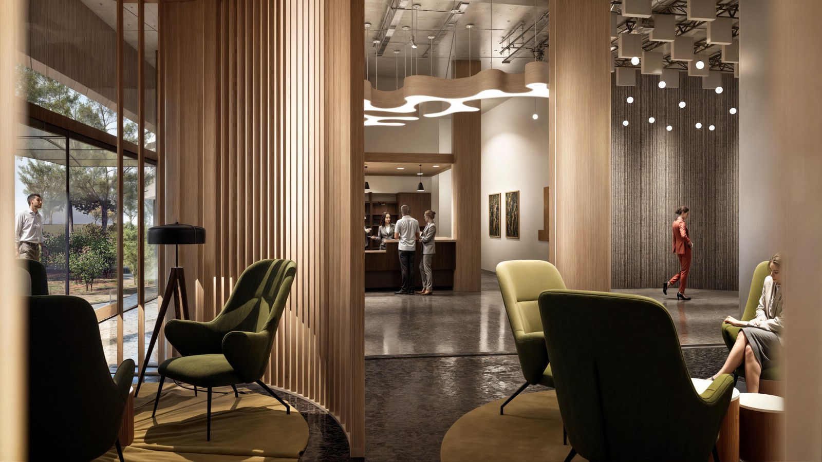 Rendering einer möglichen Ausstattung des Erdgeschosses als Lobby oder Empfangshalle. Zu sehen sind mehrere Personen, Holzverkleidungen und Sessel.
