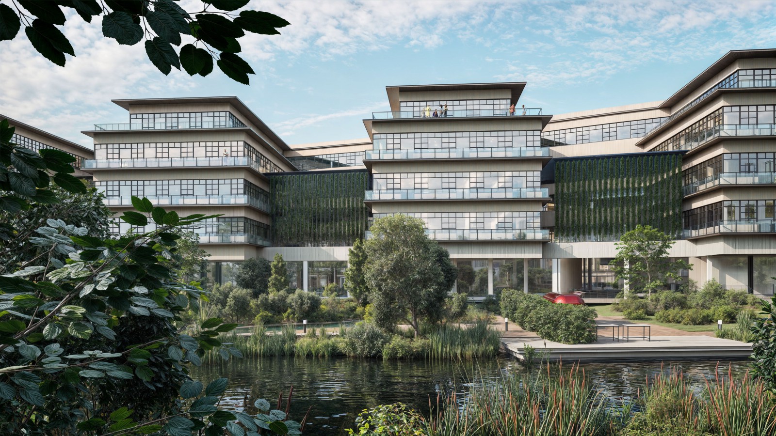 Fotorealistisches Rendering eines geplanten Gebäudes auf dem neuen Campus von Europarc Dreilinden, umgeben von Wasser und Pflanzen.