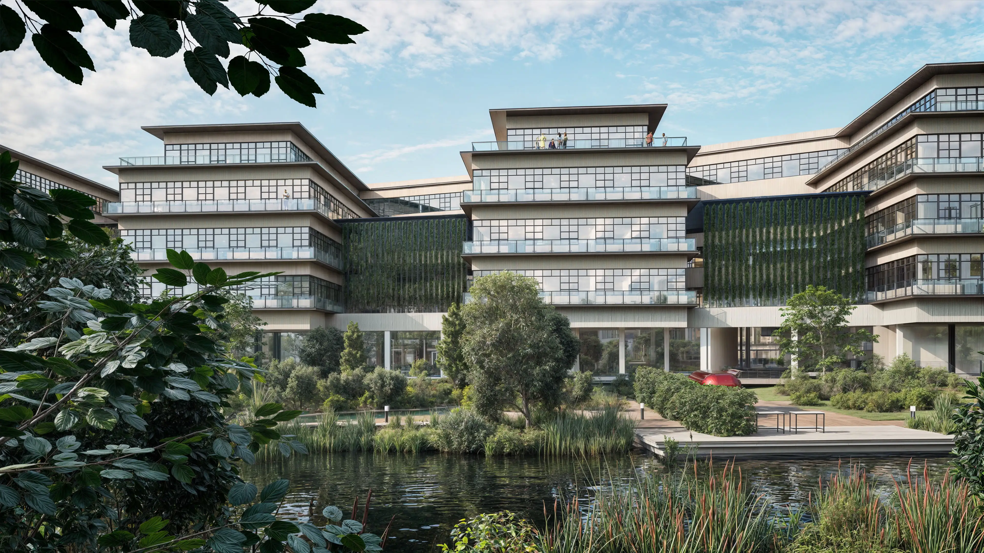 Fotorealistisches Rendering eines geplanten Gebäudes auf dem neuen Campus von Europarc Dreilinden, umgeben von Wasser und Pflanzen.