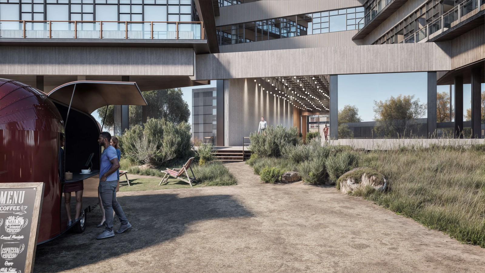 Ansicht eines Bürogebäudes auf dem neuen Campus von Europarc Dreilinden, im Vordergrund ein Kaffeestand.