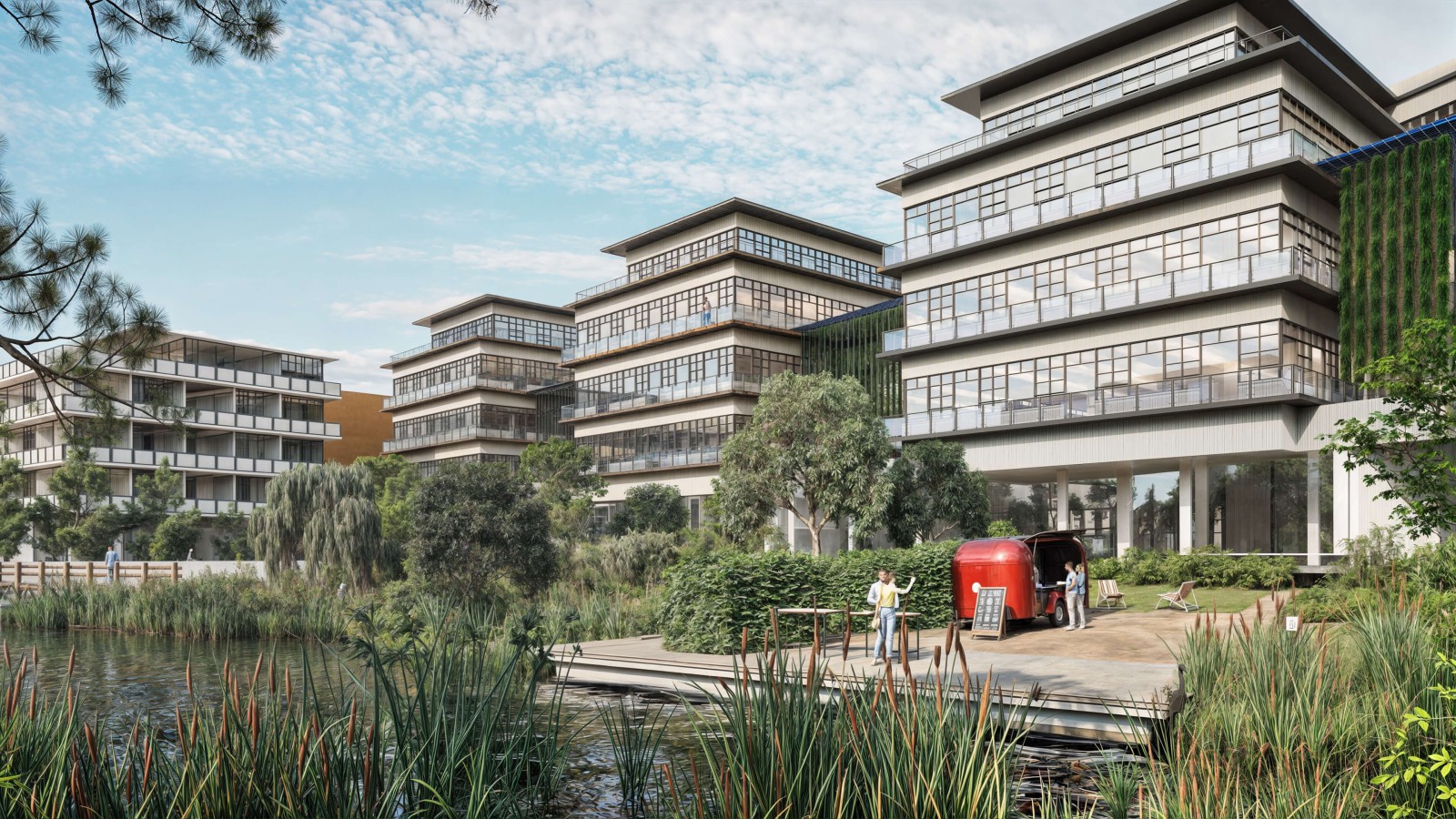 Rendering der geplanten Gebäude auf dem neuen Campus von Europarc Dreilinden. Die Büros sind umgeben von Pflanzen und Wasserflächen.