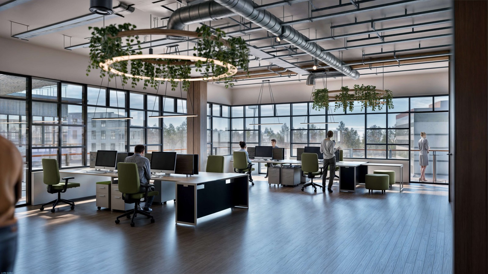 Rendering eines ausgestatteten Büros auf dem neuen Campus von Europarc Dreilinden mit Arbeitsplätzen an der großflächigen Fensterfront.