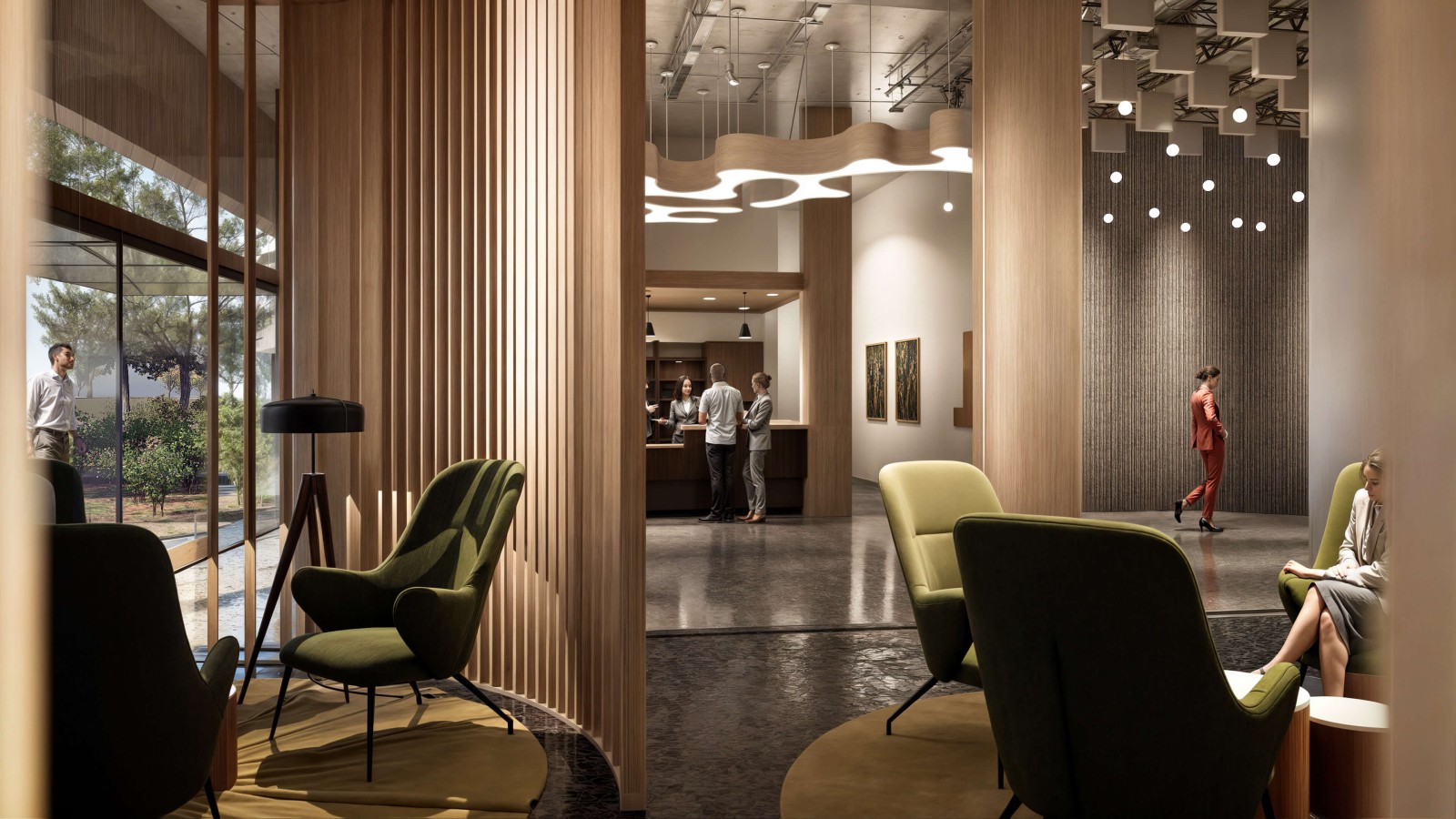 Rendering einer möglichen Ausstattung des Erdgeschosses als Lobby oder Empfangshalle. Zu sehen sind mehrere Personen, Holzverkleidungen und Sessel.