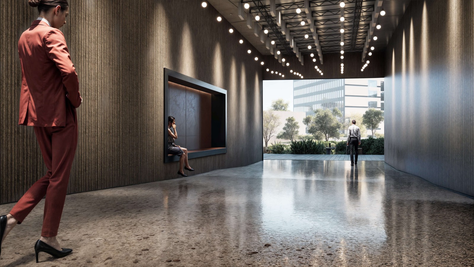 Rendering einer möglichen Ausstattung des Erdgeschosses als Lobby oder Empfangshalle. Zu sehen ist ein länglicher Flur, im Hintergrund eine großes Fenster und weitere Bürogebäude.