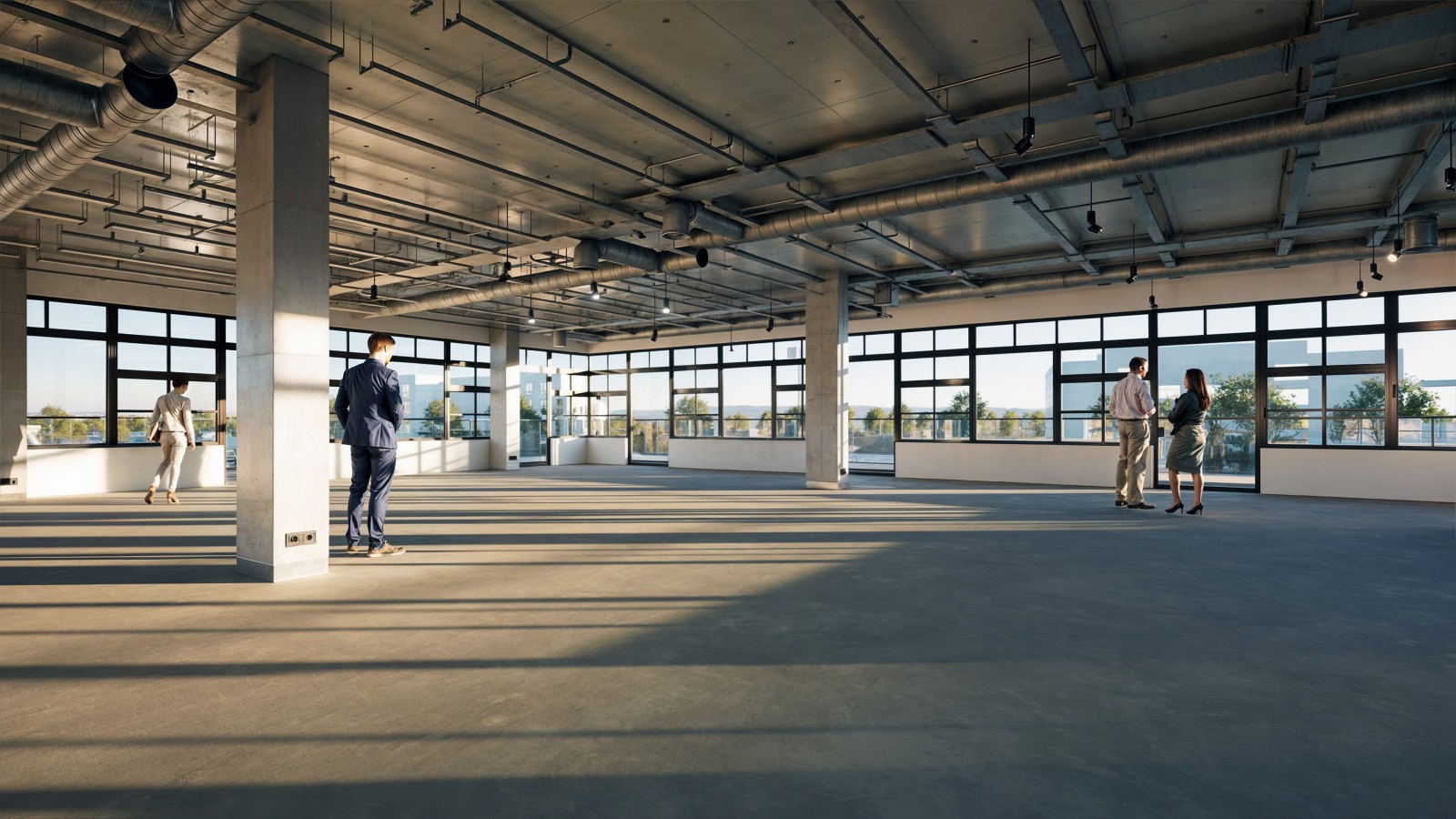 Rendering von drei Personen in einem unmöblierten Geschoss in einem Gebäude auf dem neuen Campus vom Europarc Dreilinden, zu sehen sind die Fenster und lichtdurchfluteten Gebäude.