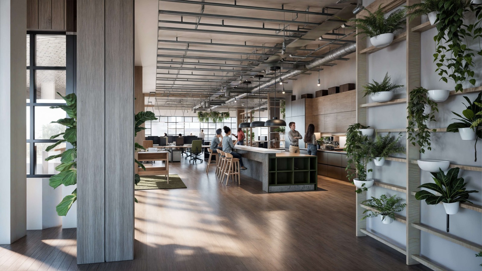 Rendering einer großzügigen Teeküche auf dem neuen Campus des Europarc Dreilinden.